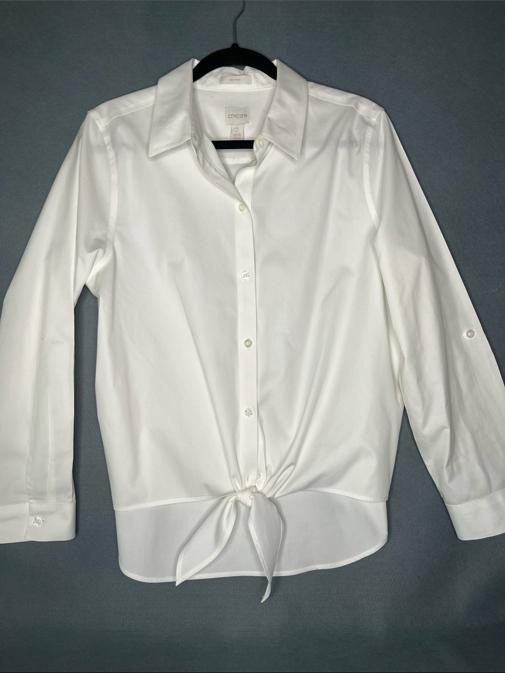 Chico's Classic White Cotton Tie-Front Top with Roll-Tab Sleeves. Sz 12/14